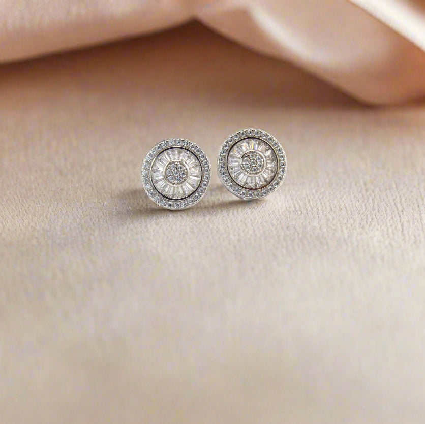 925 Sterling Silver Round Baguette Stud Earrings