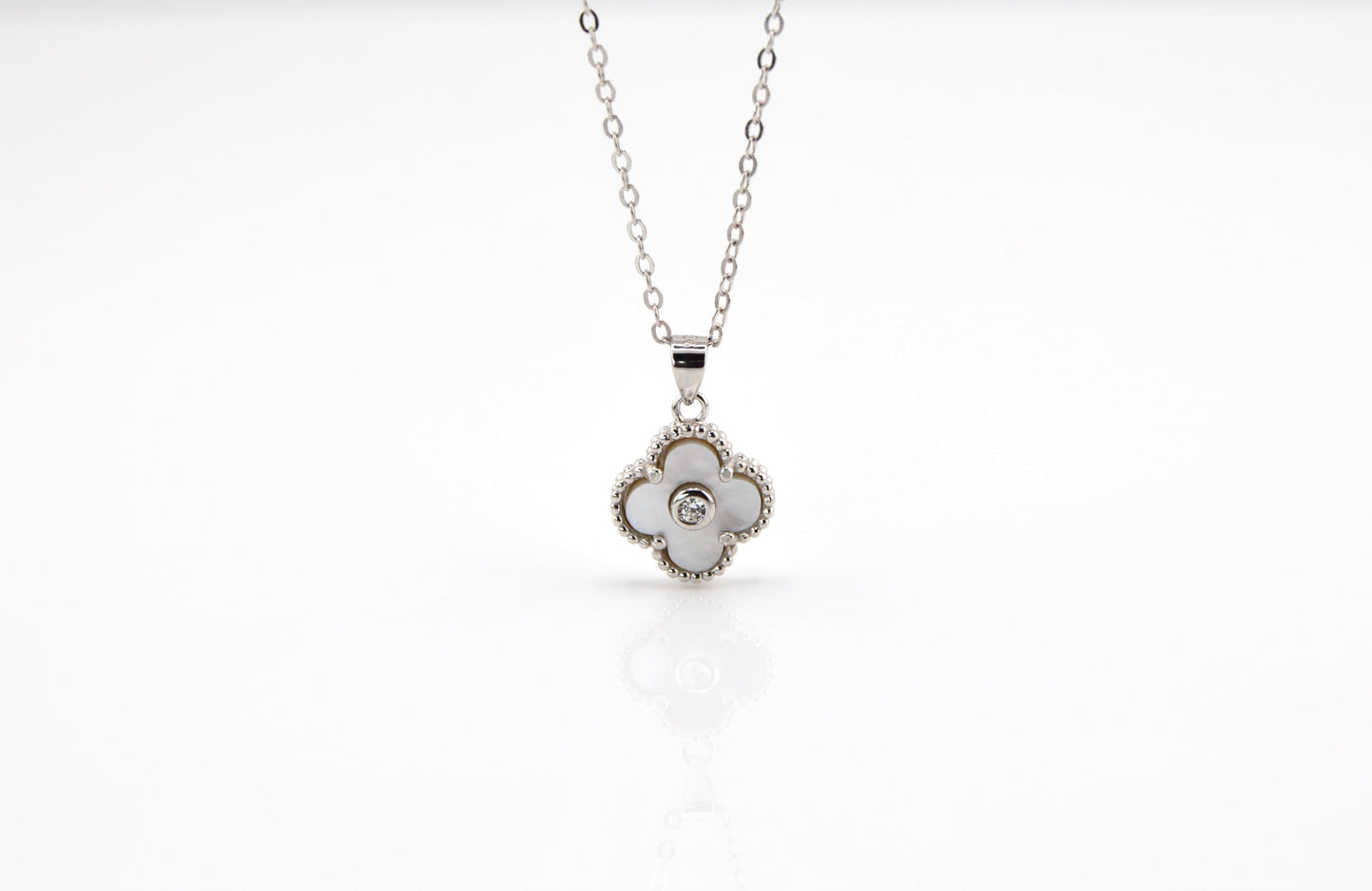 18K Gold Plated over 925 Sterling Silver Mother of Pearl Four Leaf Clover Necklace