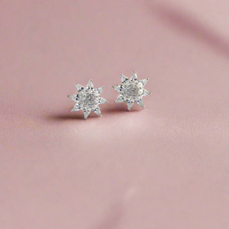 925 Sterling Silver White CZ Flower Crown Stud Earrings
