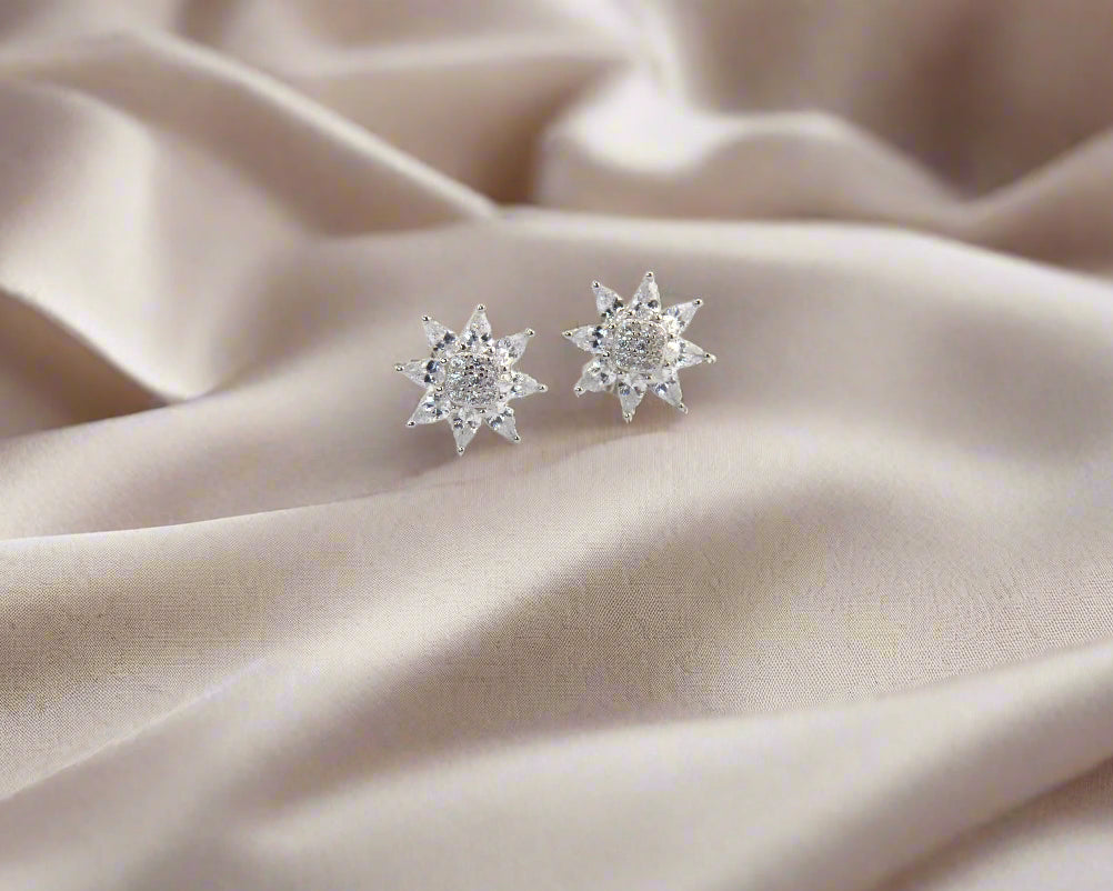925 Sterling Silver White CZ Flower Crown Stud Earrings