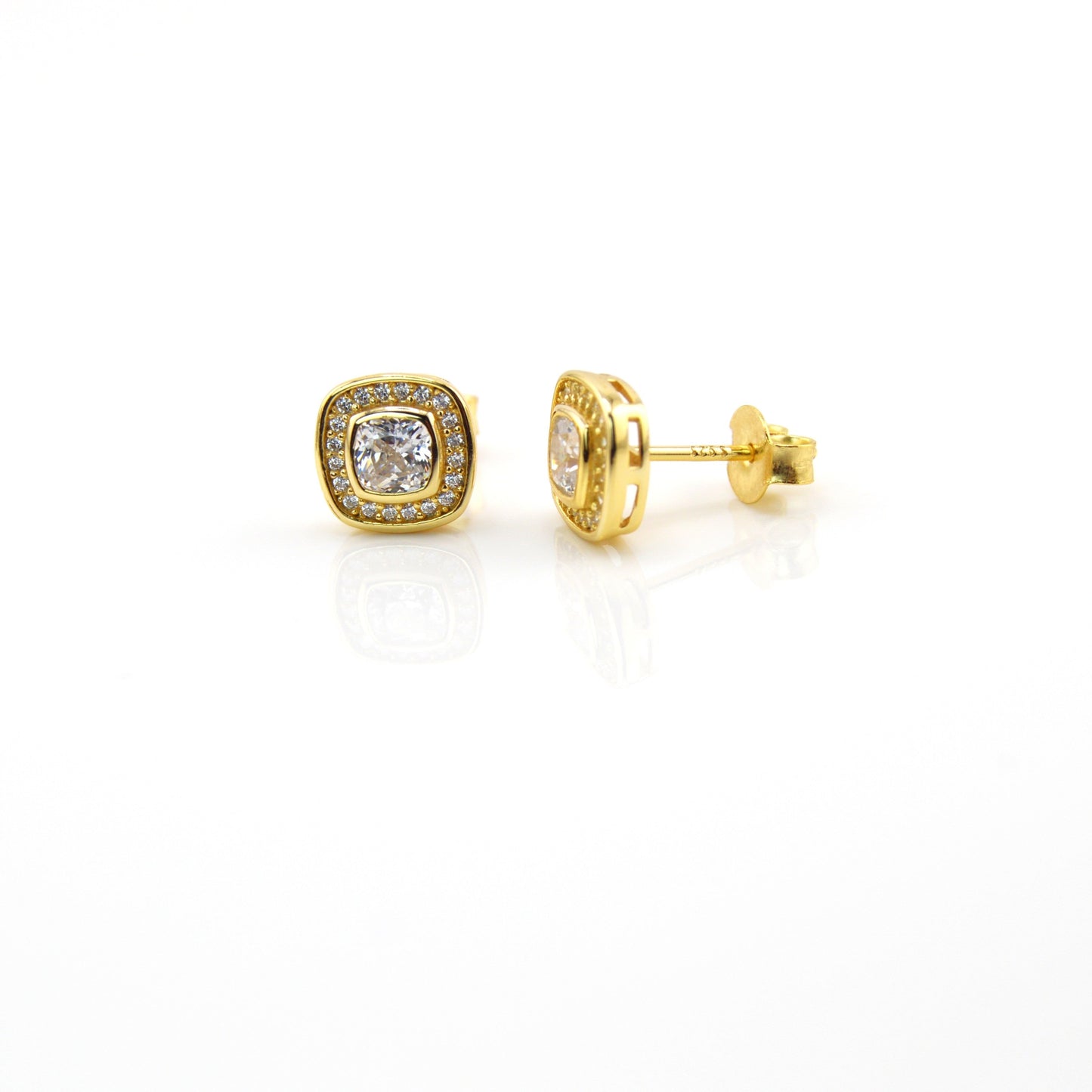 18K Gold Plated Over 925 Sterling Silver Cushion Cut Halo Stud Earrings