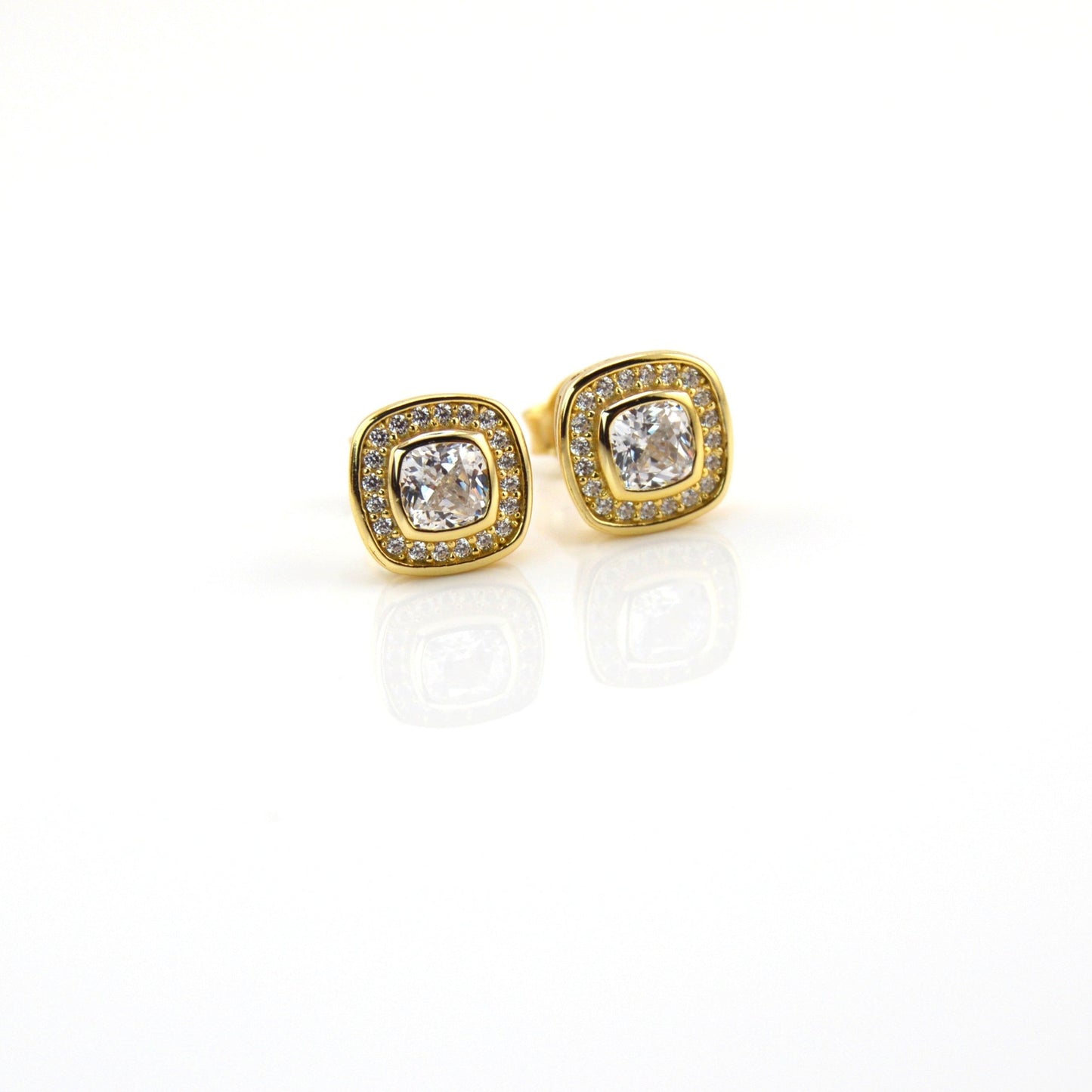 18K Gold Plated Over 925 Sterling Silver Cushion Cut Halo Stud Earrings