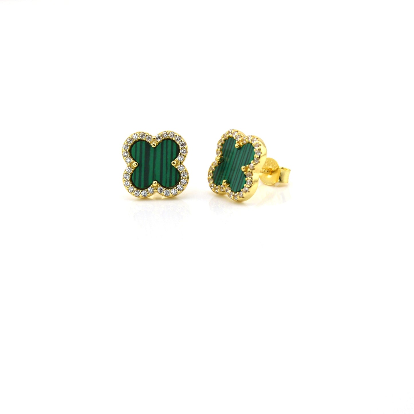 18K Gold Plated over 925 Sterling Silver Green Malachite Clover Stud Earrings