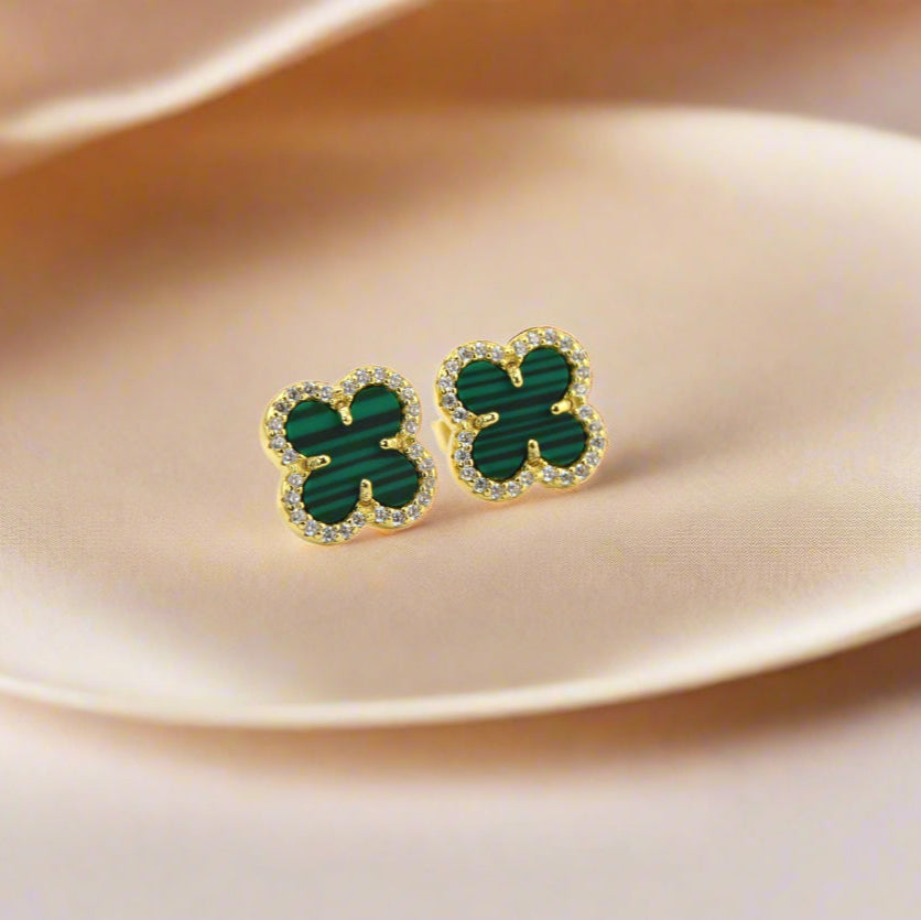 18K Gold Plated Over 925 Sterling Silver Enclosed Clover Stud Earrings