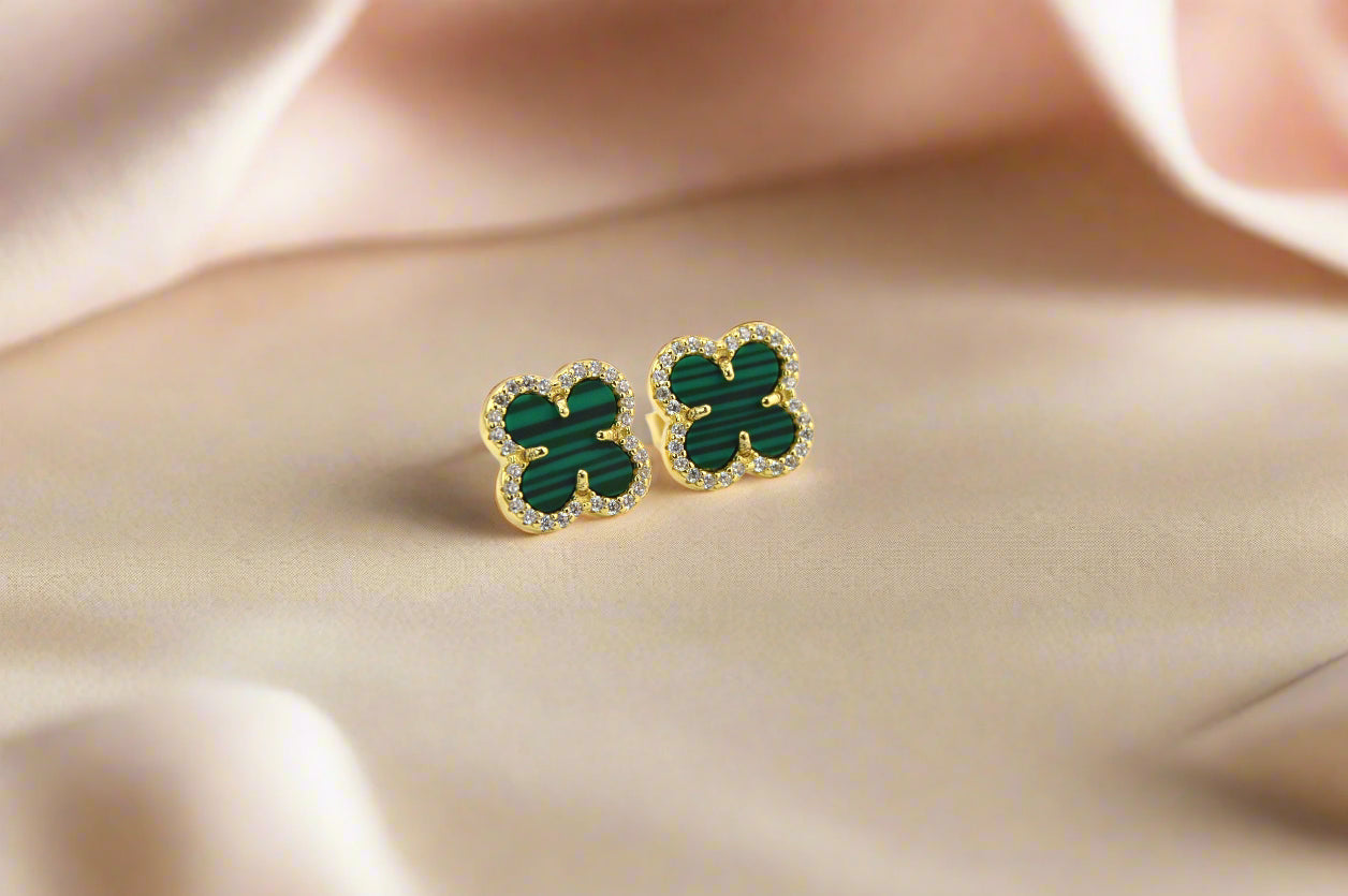 18K Gold Plated Over 925 Sterling Silver Enclosed Clover Stud Earrings