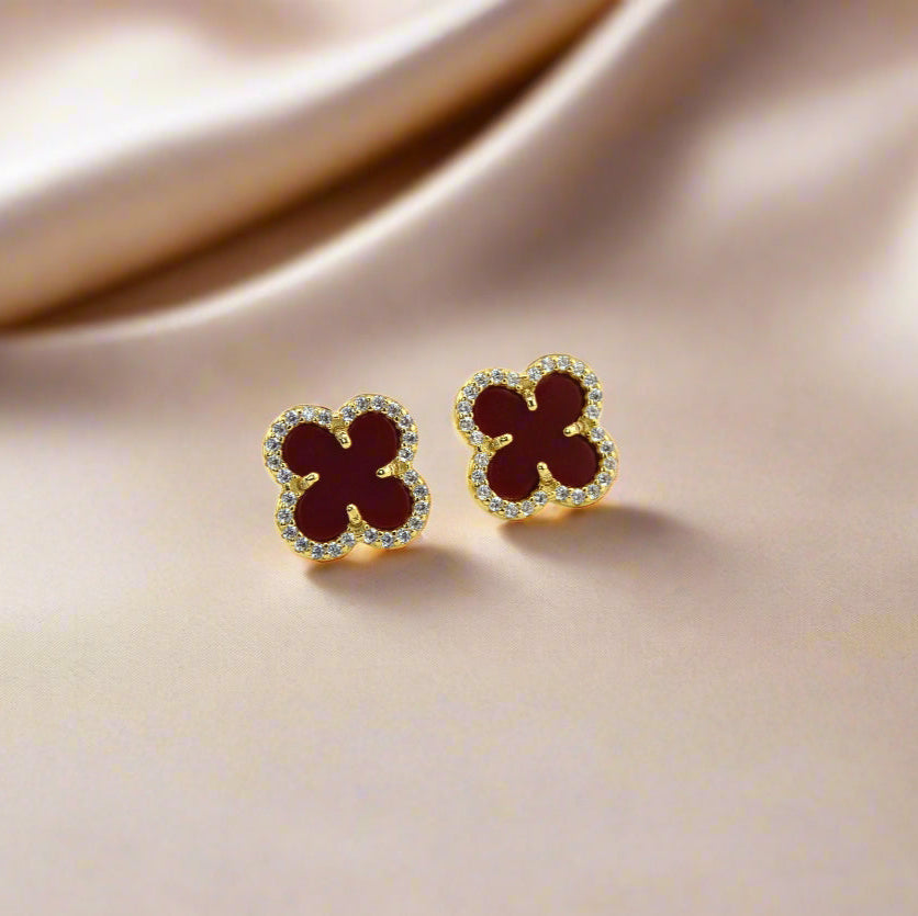925 Sterling Silver Marron Red Enclosed Clover Stud Earrings