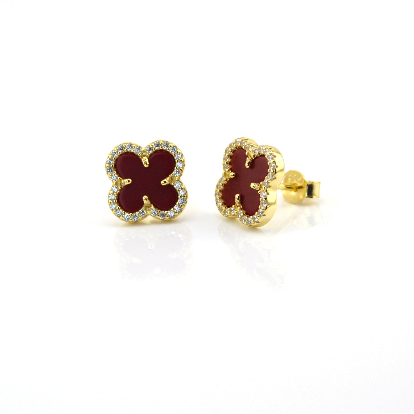 925 Sterling Silver Marron Red Enclosed Clover Stud Earrings