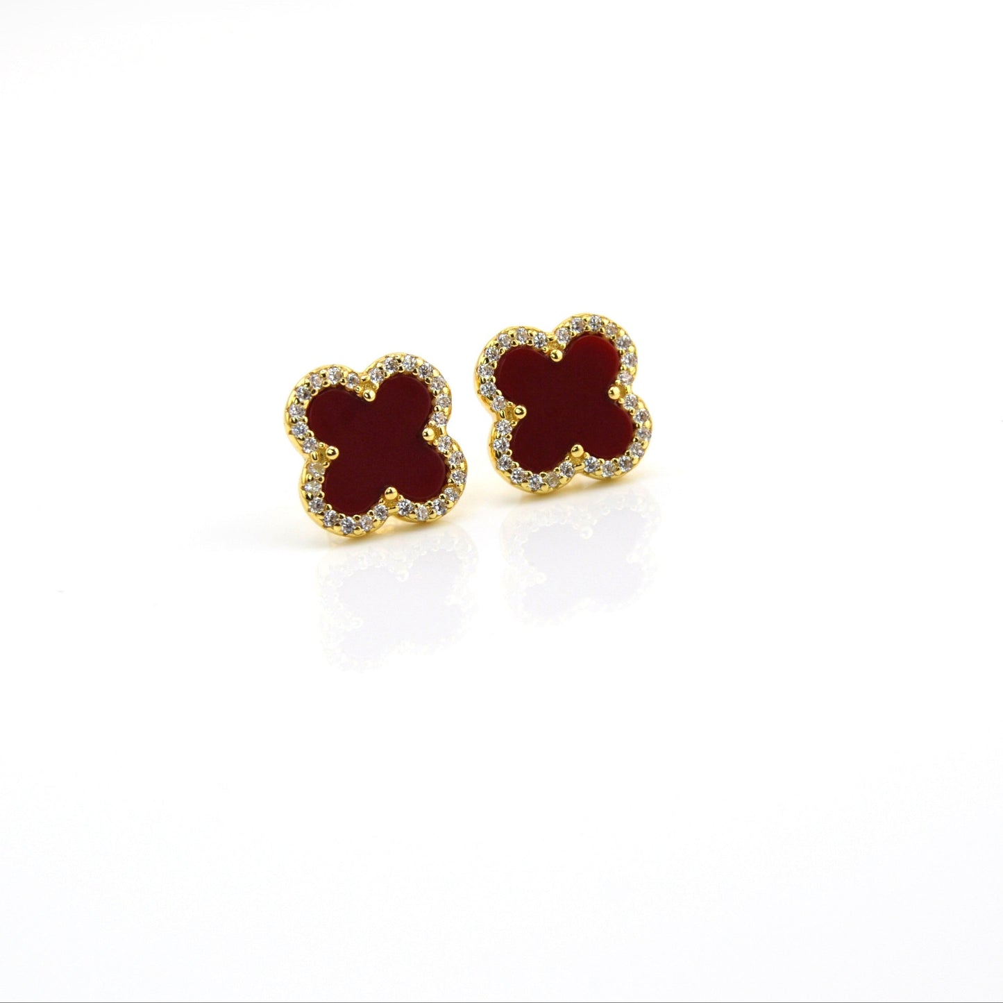 18 Gold Plated over 925 Sterling Silver Maroon Red Clover Stud Earrings