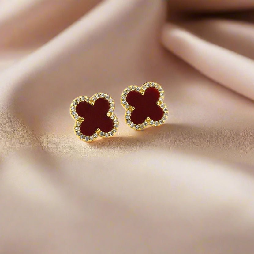 18 Gold Plated over 925 Sterling Silver Maroon Red Clover Stud Earrings