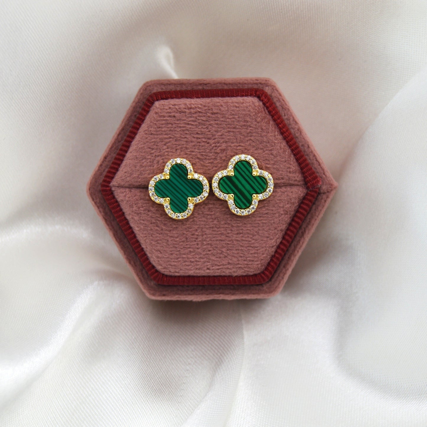 18K Gold Plated over 925 Sterling Silver Green Malachite Clover Stud Earrings