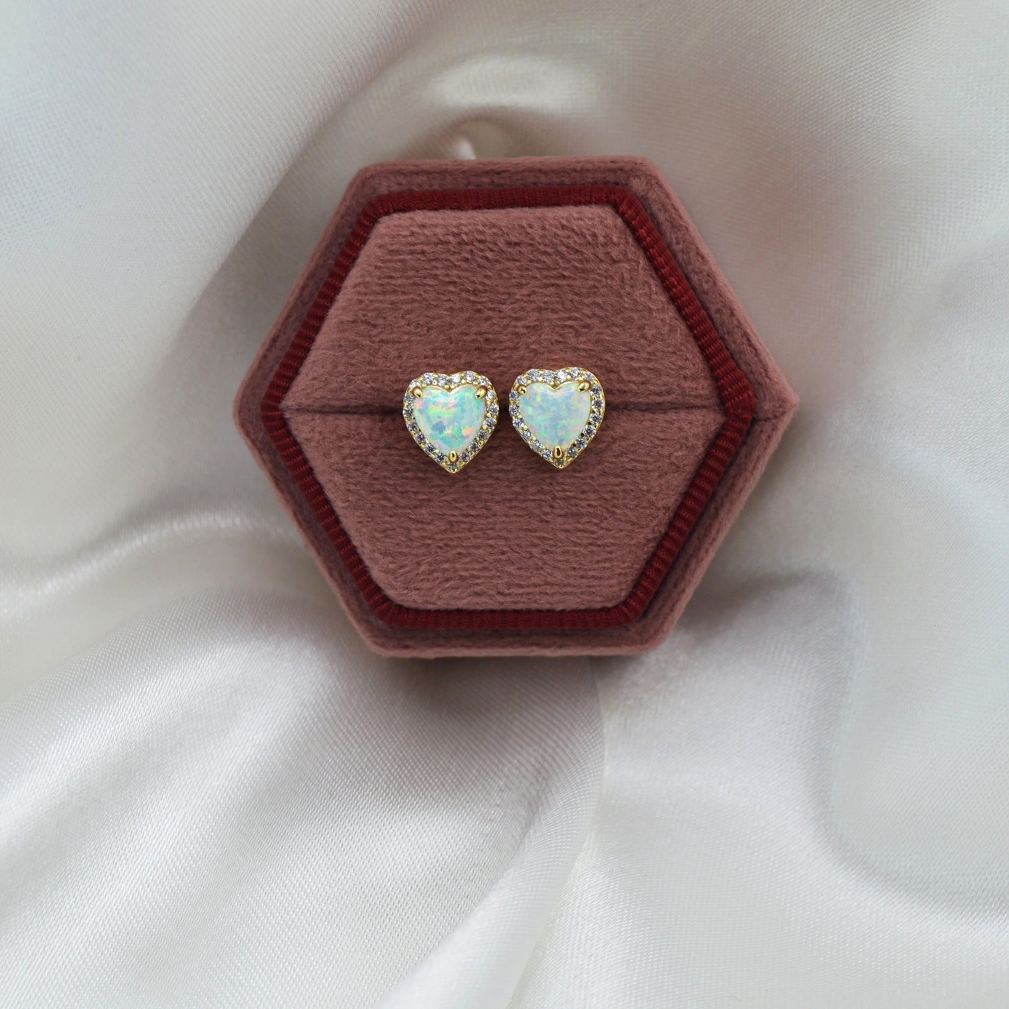 18K Gold Plated Over 925 Sterling Silver Opal CZ Heart Stud Earrings
