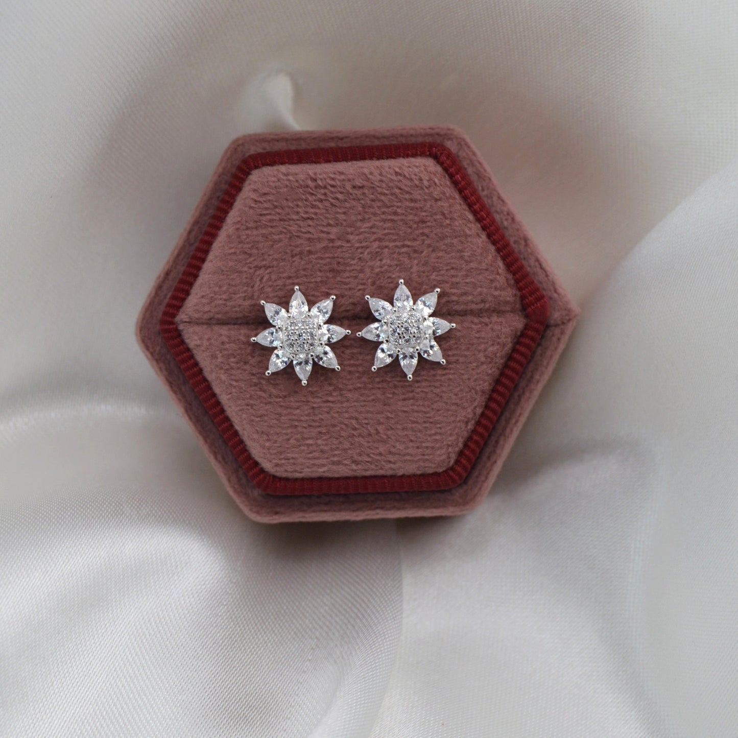 925 Sterling Silver White CZ Flower Crown Stud Earrings