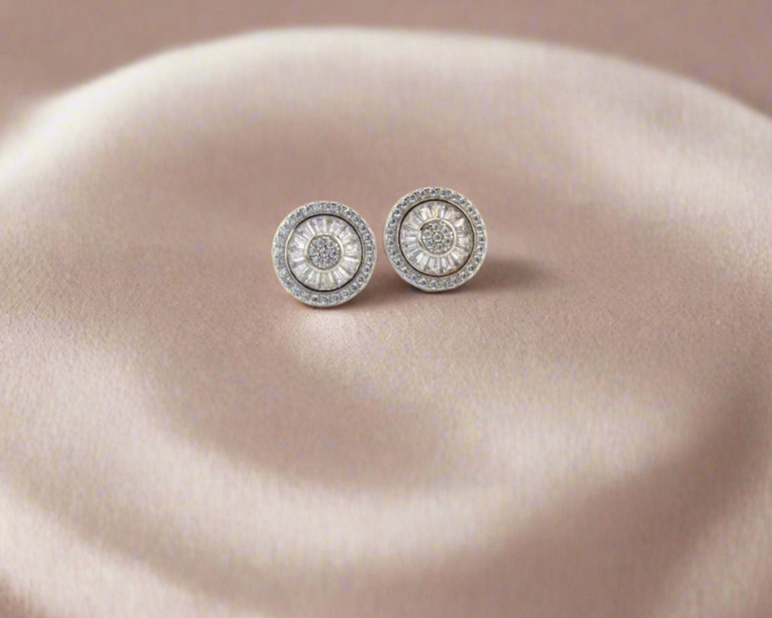 925 Sterling Silver Round Baguette Stud Earrings