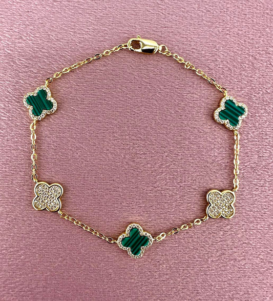 925 Sterling Silver Green Malachite Clover Bracelet