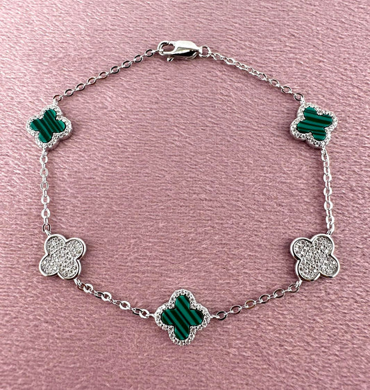 925 Sterling Silver Green Malachite Clover Bracelet