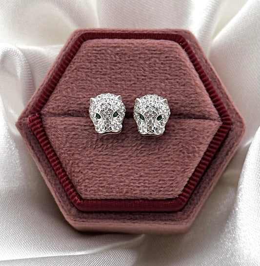 925 Sterling Silver Leopard/Jaguar Green Eyed Dainty Stud Earrings