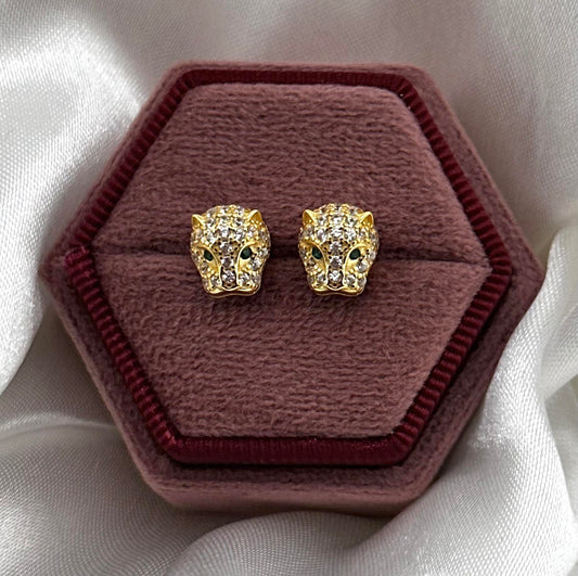 18K Gold Plated Over 925 Sterling Silver Leopard/Jaguar Green Eyed Dainty Stud Earrings