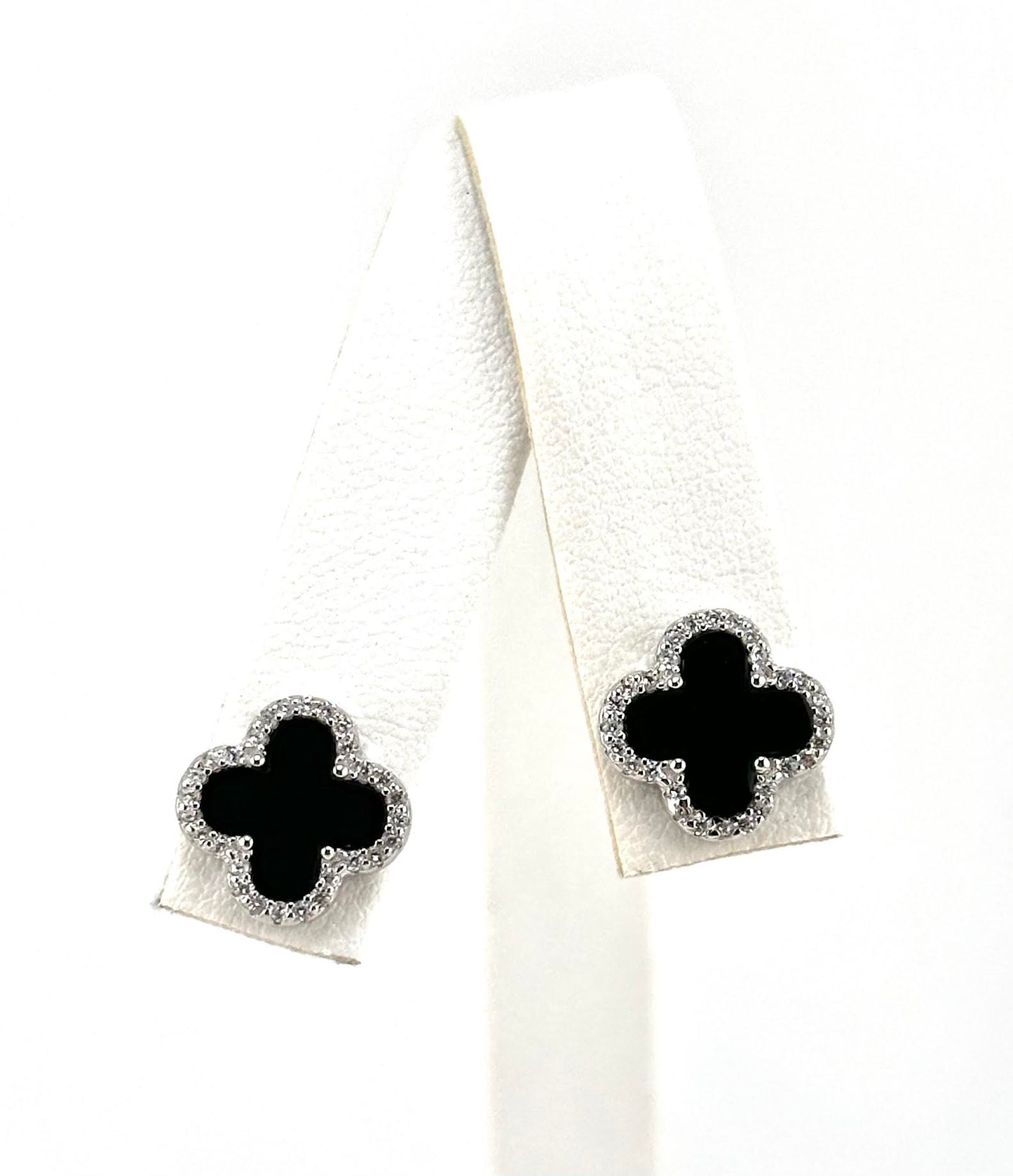 18K Gold Plated Over 925 Sterling Silver Black Clover Stud Earrings