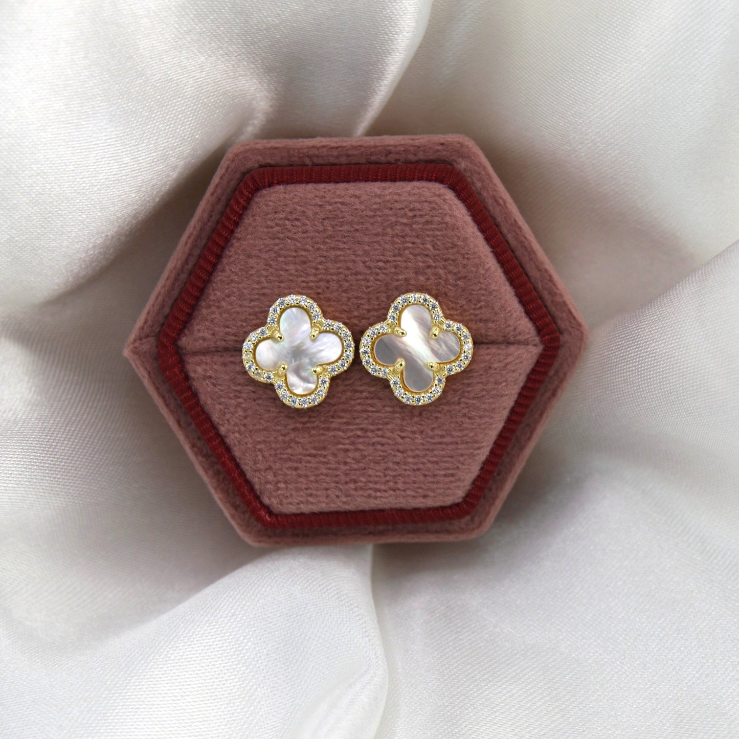 18K Gold Plated over 925 Sterling Silver Mother of Pearl Enclosed Clover Stud Earrings