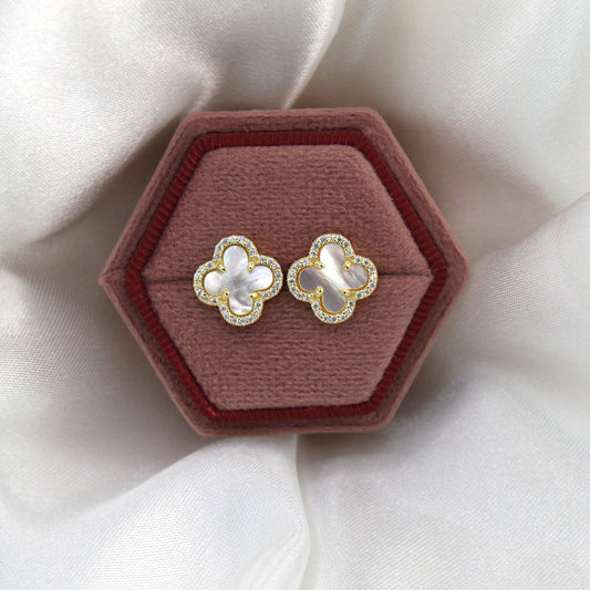 18K Gold Plated over 925 Sterling Silver Mother of Pearl Enclosed Clover Stud Earrings