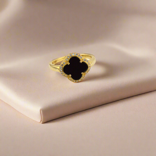 18K Gold Plated over 925 Sterling Silver Black Clover Ring