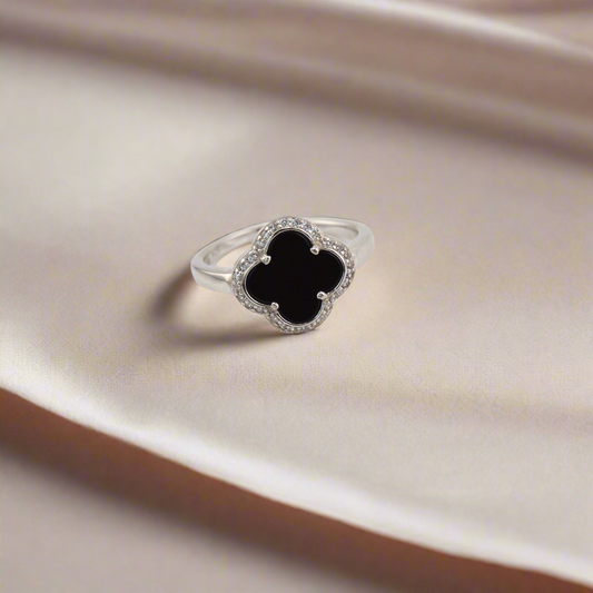 925 Sterling Silver Black Clover Ring