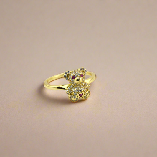 18K Gold Plated over 925 Sterling Silver Teddy Bear Pink Heart Ring