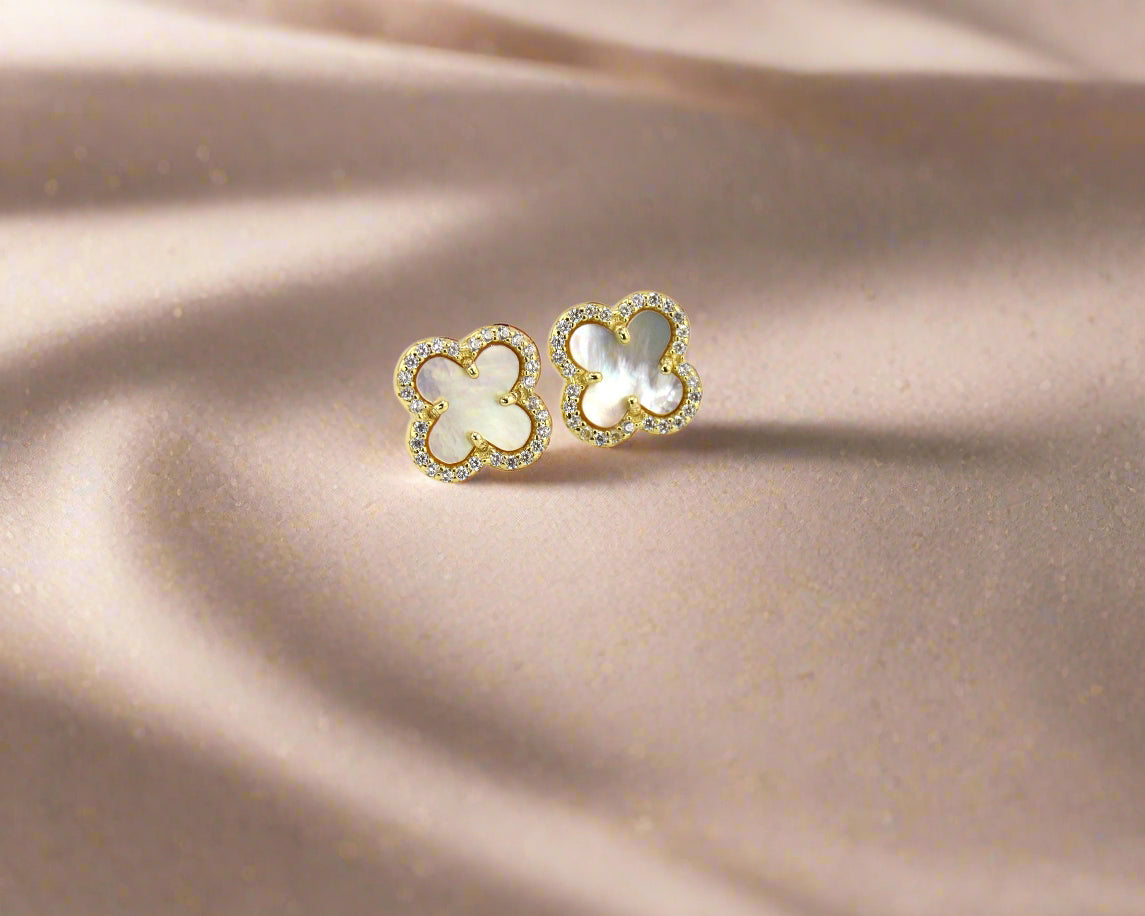 18K Gold Plated over 925 Sterling Silver Mother of Pearl Enclosed Clover Stud Earrings