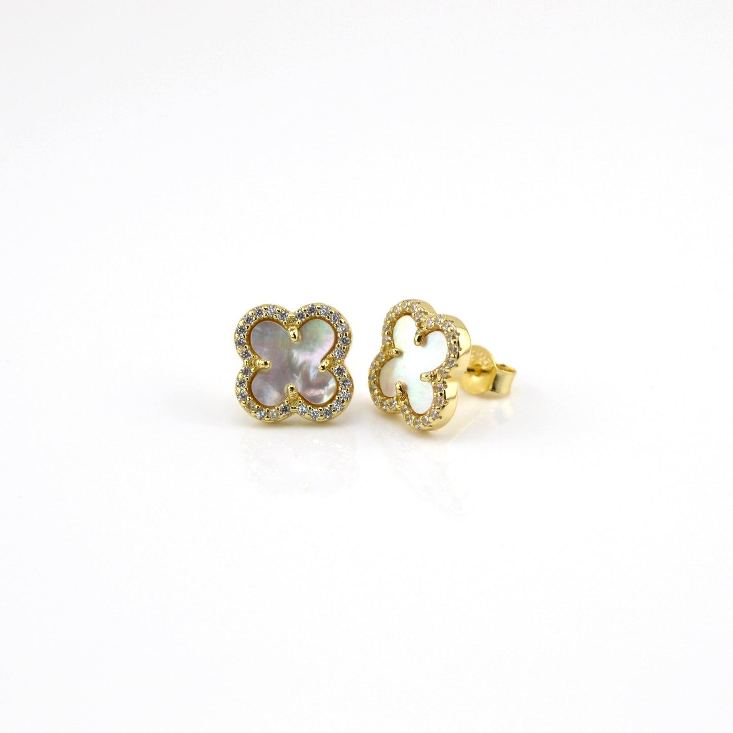 18K Gold Plated over 925 Sterling Silver Mother of Pearl Enclosed Clover Stud Earrings