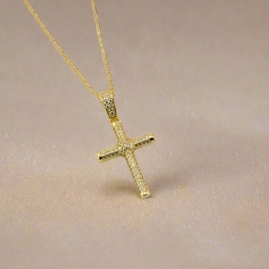 18K Gold Plated Over 925 Sterling Silver Cross CZ Necklace