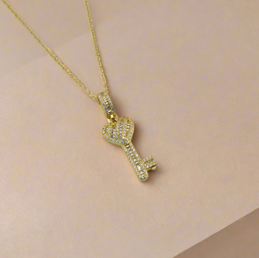 18K Gold Plated Over 925 Sterling Silver Heart Key CZ Necklace