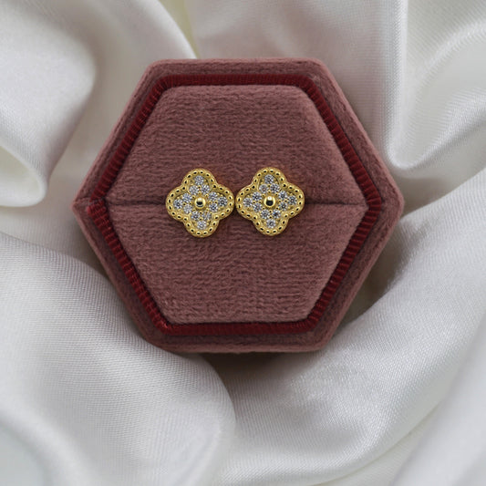 18K Gold Plated Over 925 Sterling  Silver Moissanite Clover Stud Earrings