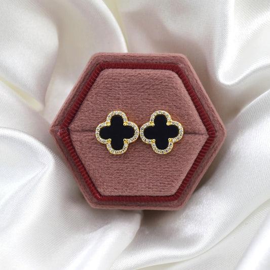 18K Gold Plated Over 925 Sterling Silver Black Clover Stud Earrings