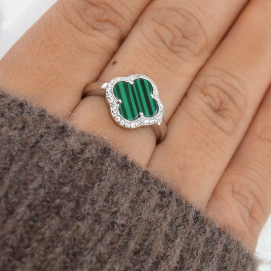 925 Sterling Silver Green Malachite Clover Ring