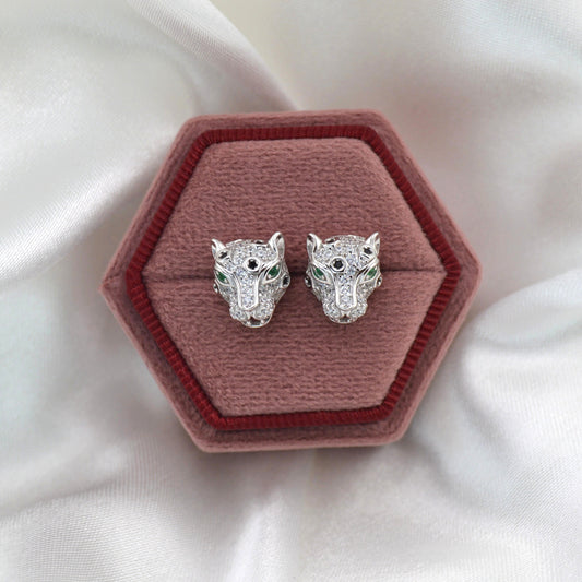 925 Sterling Silver Leopard/ Panter Green Eyed CZ Stud Earrings