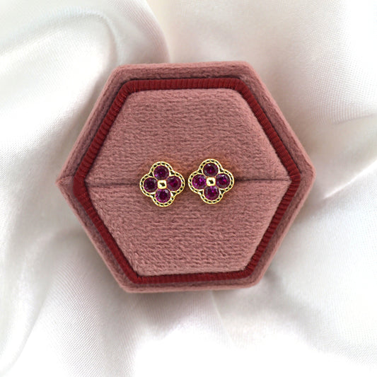 18K Gold Over 925 Sterling Silver Dainty Four Leaf Clover Fushia CZ Stud Earrings