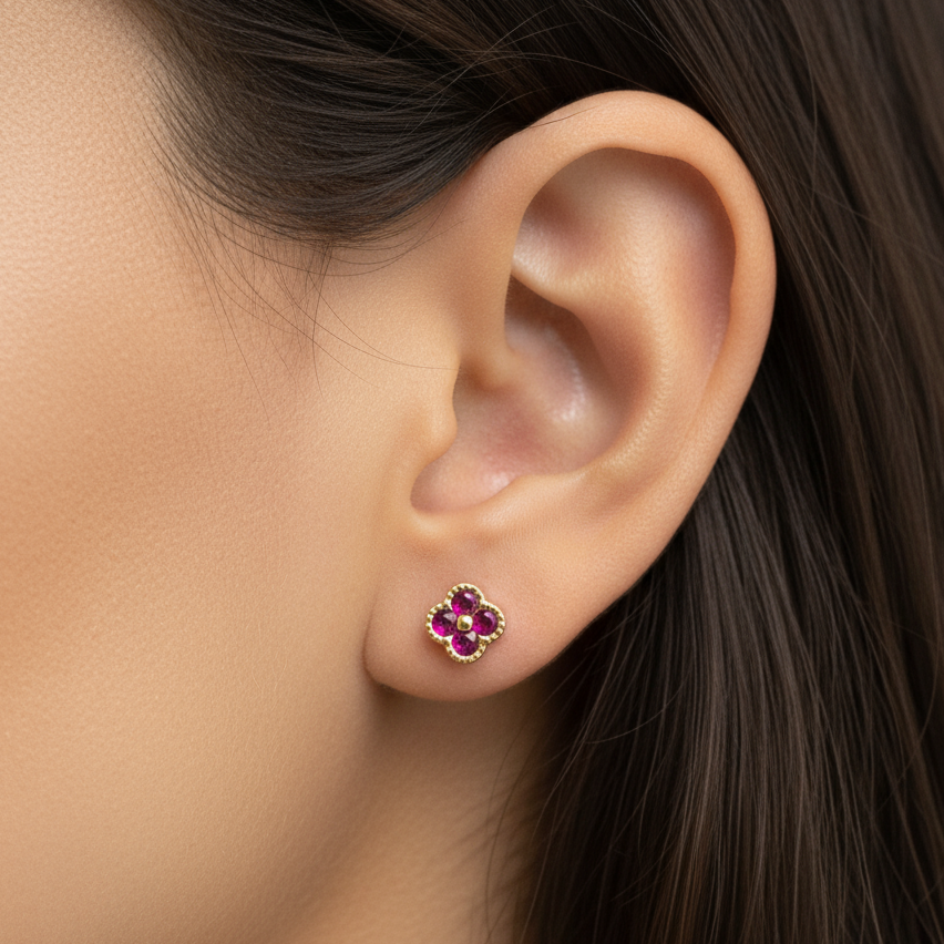 18K Gold Over 925 Sterling Silver Dainty Four Leaf Clover Fushia CZ Stud Earrings