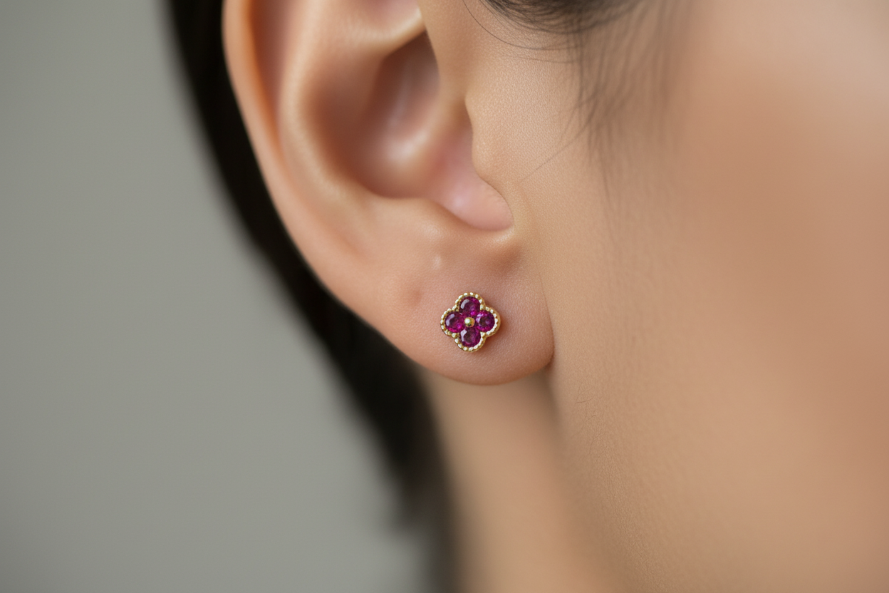 18K Gold Over 925 Sterling Silver Dainty Four Leaf Clover Fushia CZ Stud Earrings