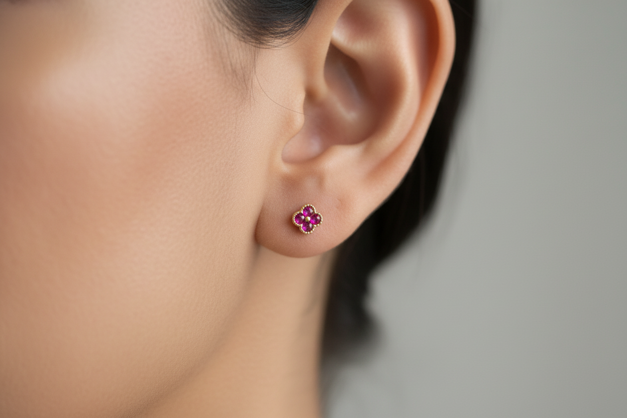 18K Gold Over 925 Sterling Silver Dainty Four Leaf Clover Fushia CZ Stud Earrings