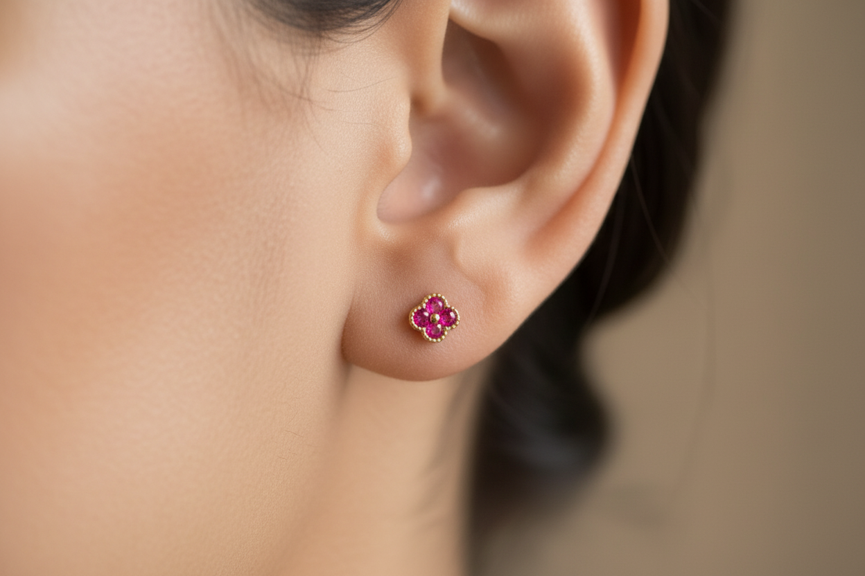 18K Gold Over 925 Sterling Silver Dainty Four Leaf Clover Fushia CZ Stud Earrings