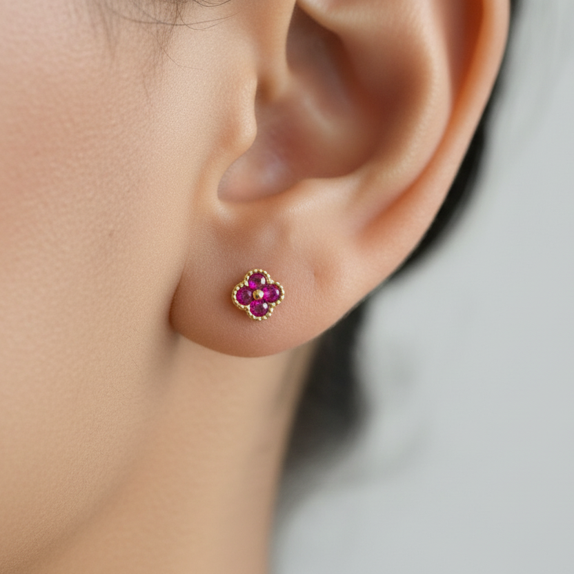 18K Gold Over 925 Sterling Silver Dainty Four Leaf Clover Fushia CZ Stud Earrings