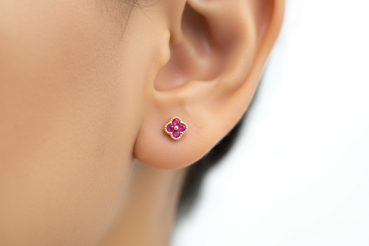 18K Gold Over 925 Sterling Silver Dainty Four Leaf Clover Fushia CZ Stud Earrings