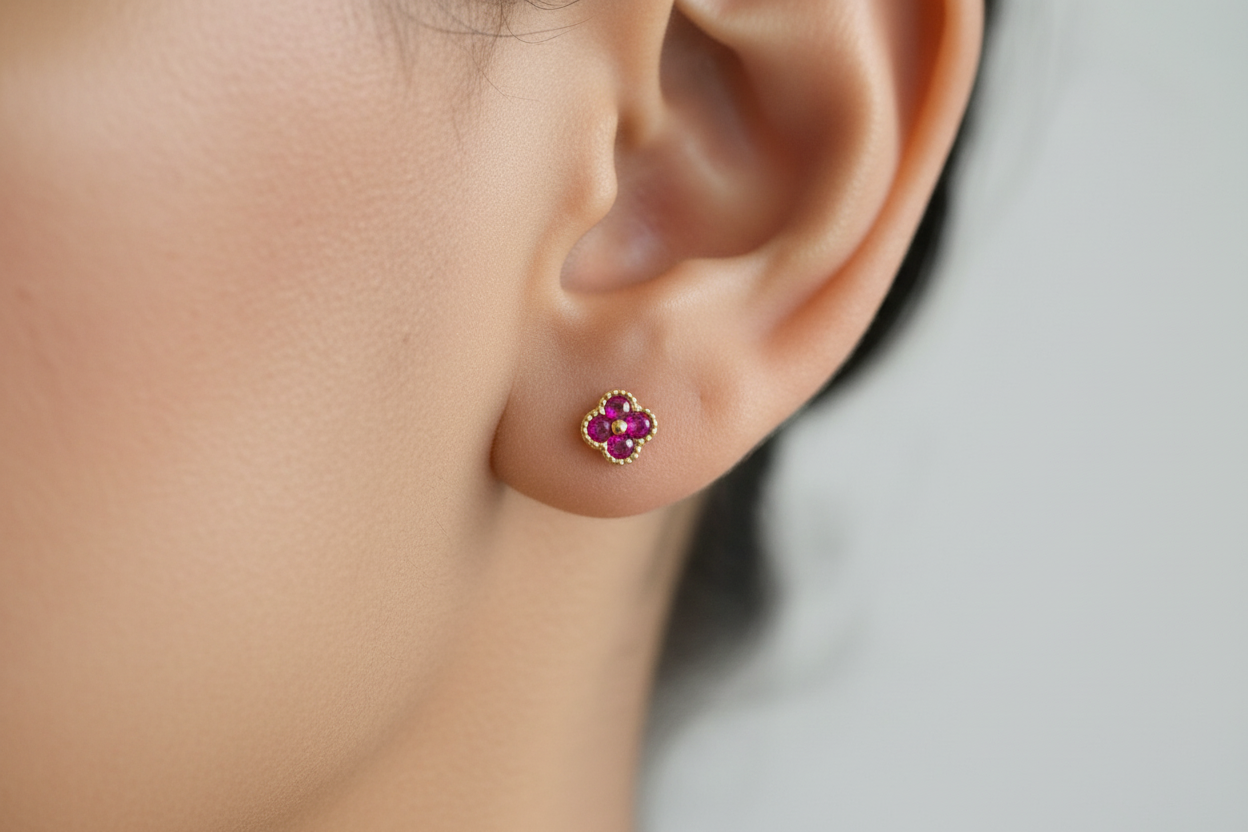 18K Gold Over 925 Sterling Silver Dainty Four Leaf Clover Fushia CZ Stud Earrings