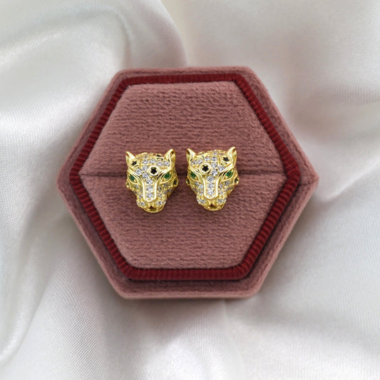 18K Gold Plated over 925 Sterling Silver Leopard/ Panter Green Eyed CZ Stud Earrings
