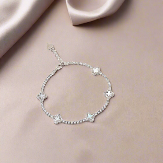 925 Sterling Silver Mother of Pearl Dainty Clover Tennis Bracelet