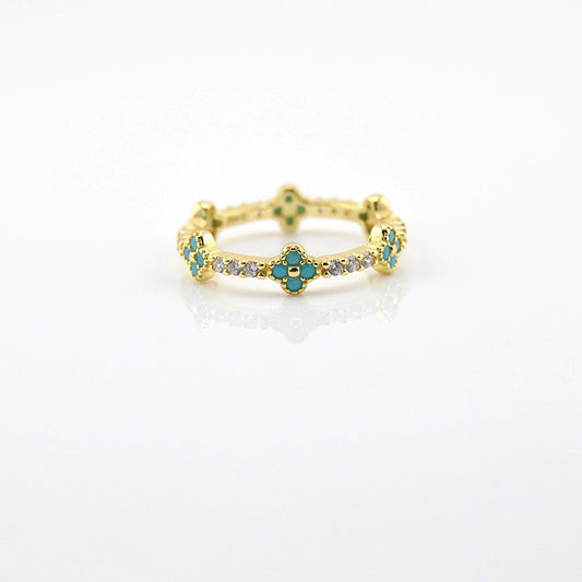 18K Gold Plated over 925 Sterling Silver Full Eternity Dainty Turquoise Blue Clover Ring