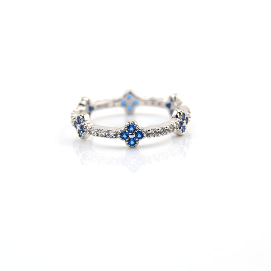 925 Sterling Silver Full Eternity Dainty Royal Blue Clover Ring