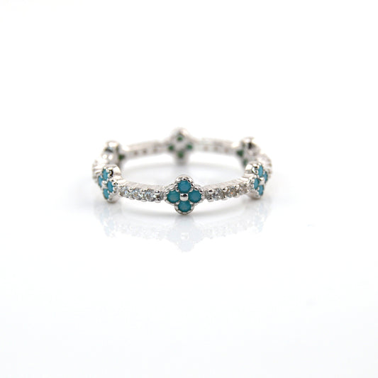 925 Sterling Silver Full Eternity Dainty Turquoise Blue Clover Ring