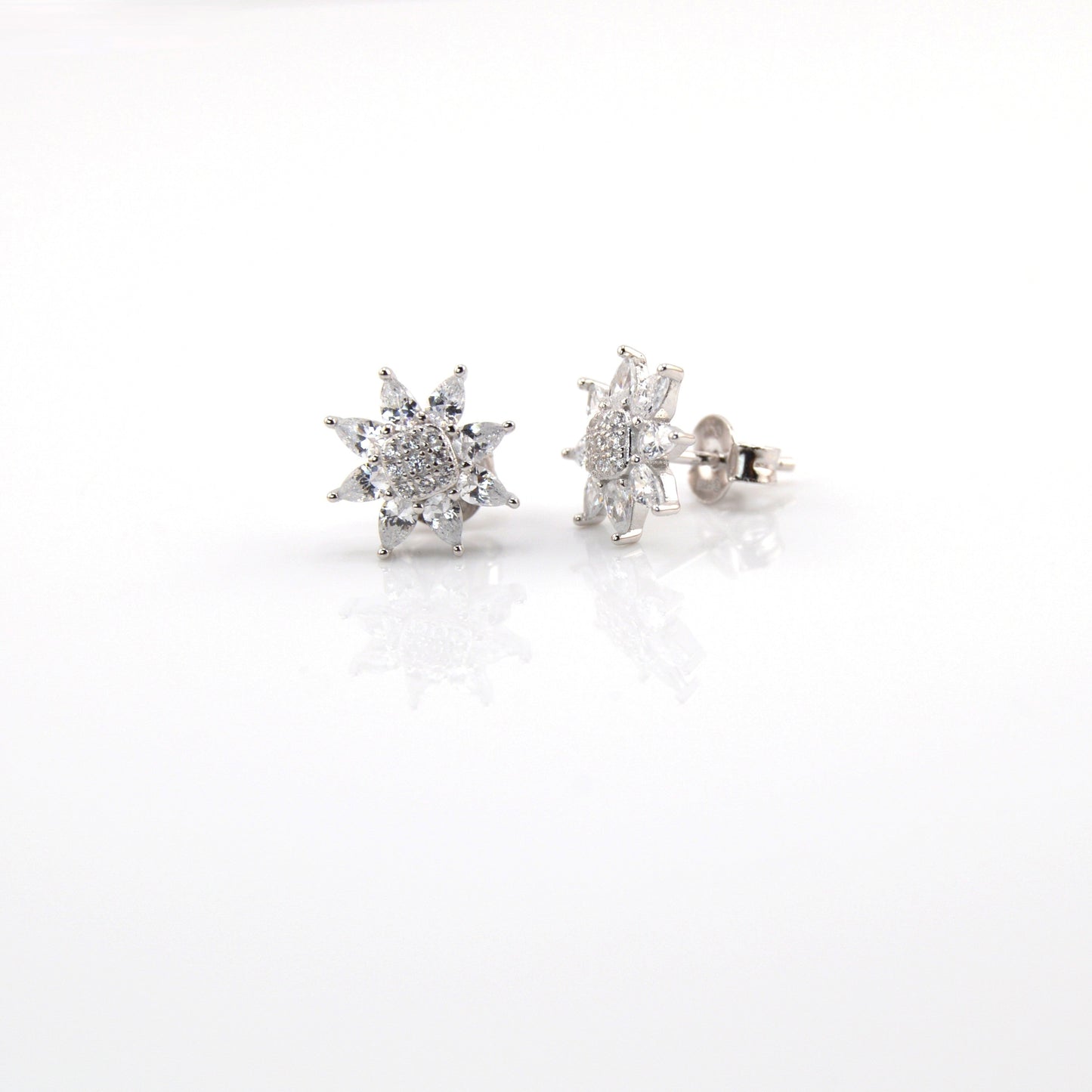925 Sterling Silver White CZ Flower Crown Stud Earrings