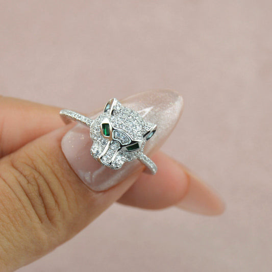 925 Sterling Silver Panther/Leopard with Green Eyes Ring